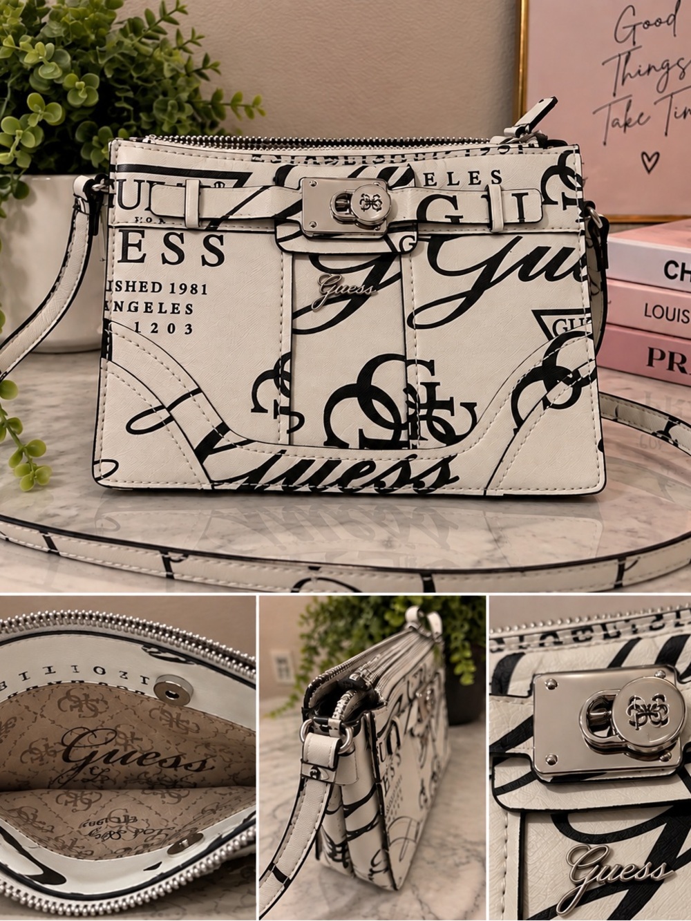 GUESS White and Black Logo Graphic Crossbody Bag
